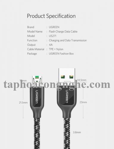 Ugreen 50380 0.5M màu Đen Cáp sạc truyền dữ liệu USB 2.0 sang MICRO USB 4A võ hợp kim kẽm US271 30050380
